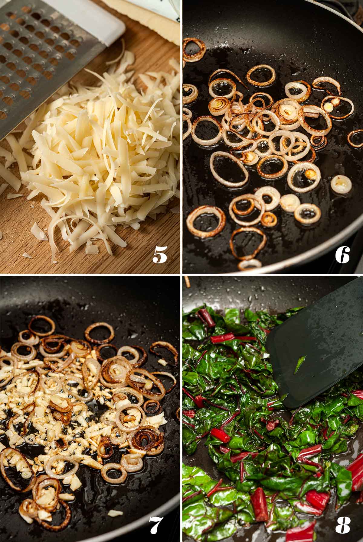 A collage of 4 numbered images showing how to make risotto-stuffed portobello mushrooms.