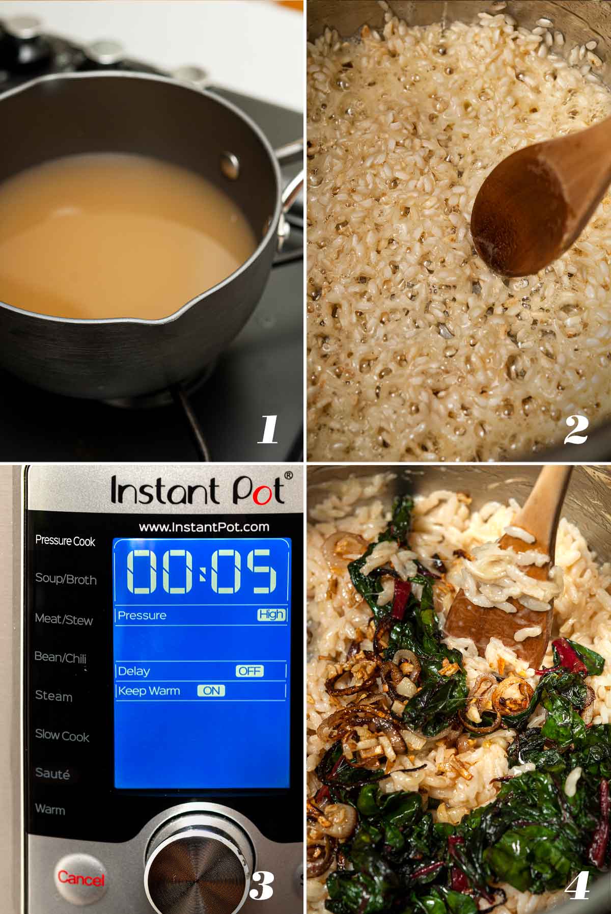 A collage of 4 numbered images showing how to make Instant Pot risotto.