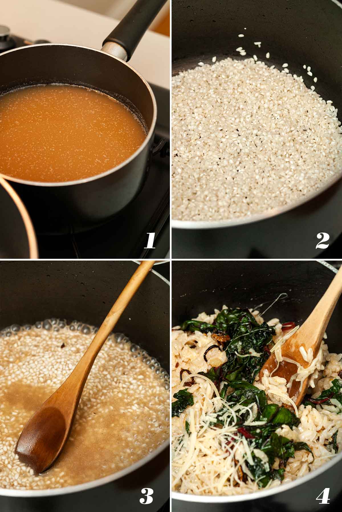 A collage of 4 numbered images showing how to make stove-top risotto.