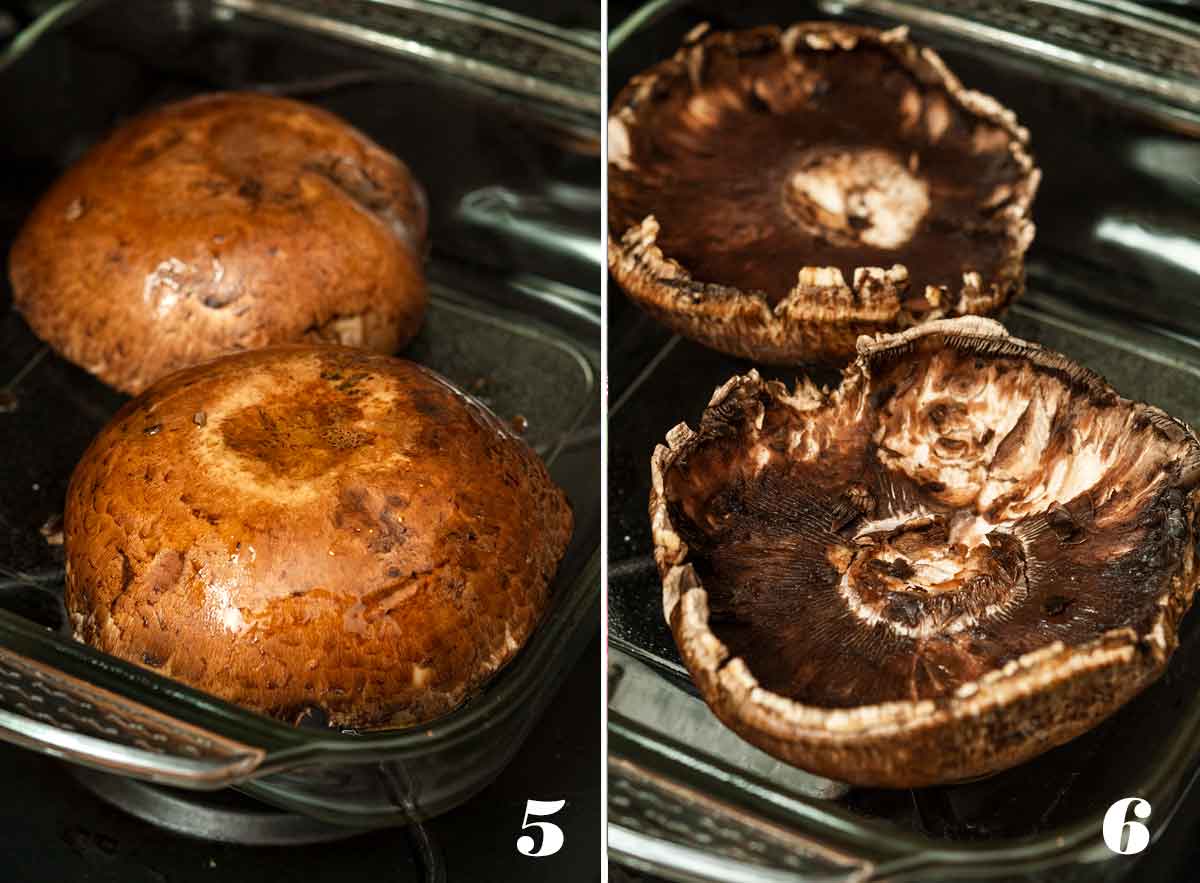 2 numbered images. One, showing mushrooms face-down in a pyrex. The other, showing 2 mushrooms face-up.