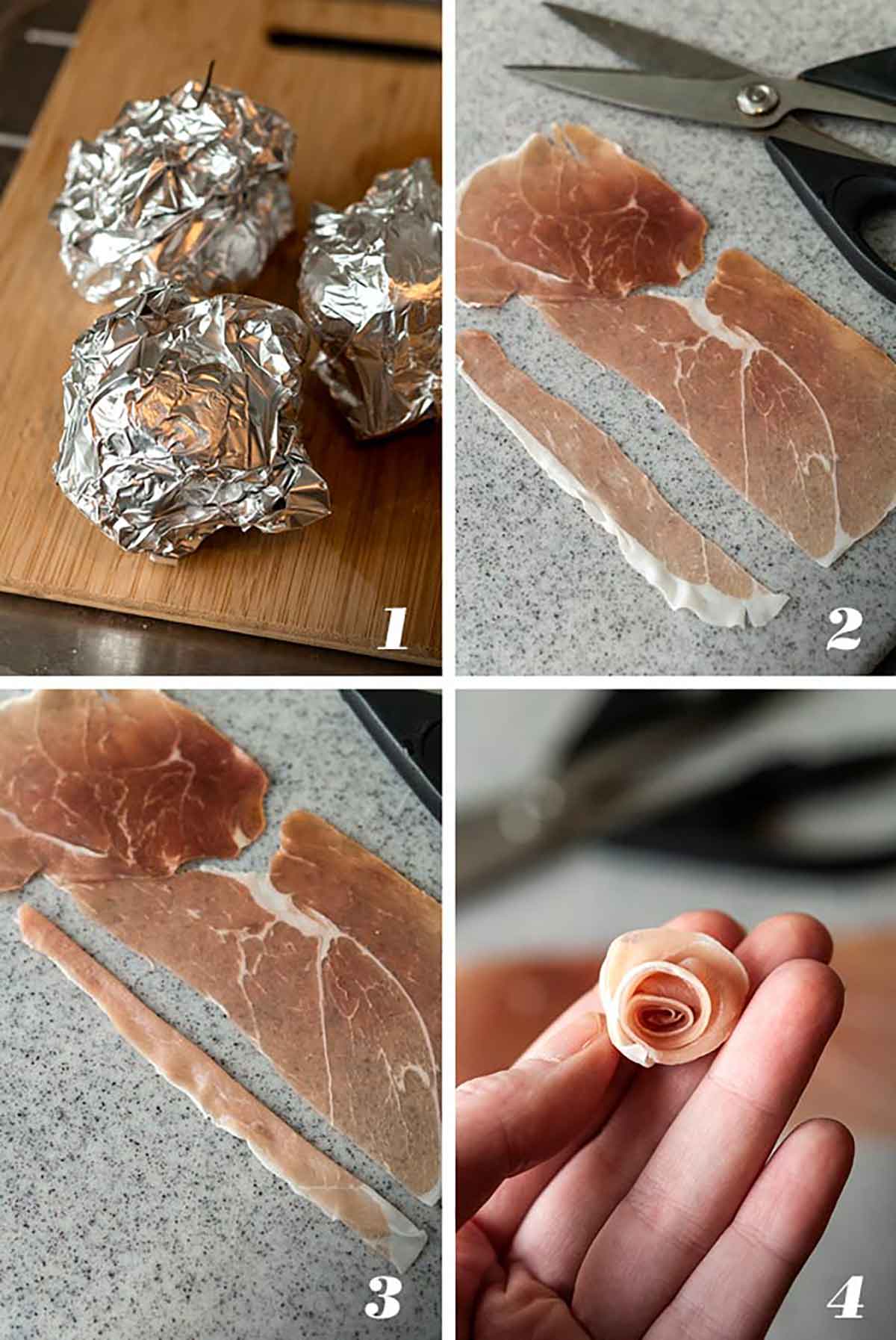 A collage of 4 numbered images showing how to make a prosciutto rose.