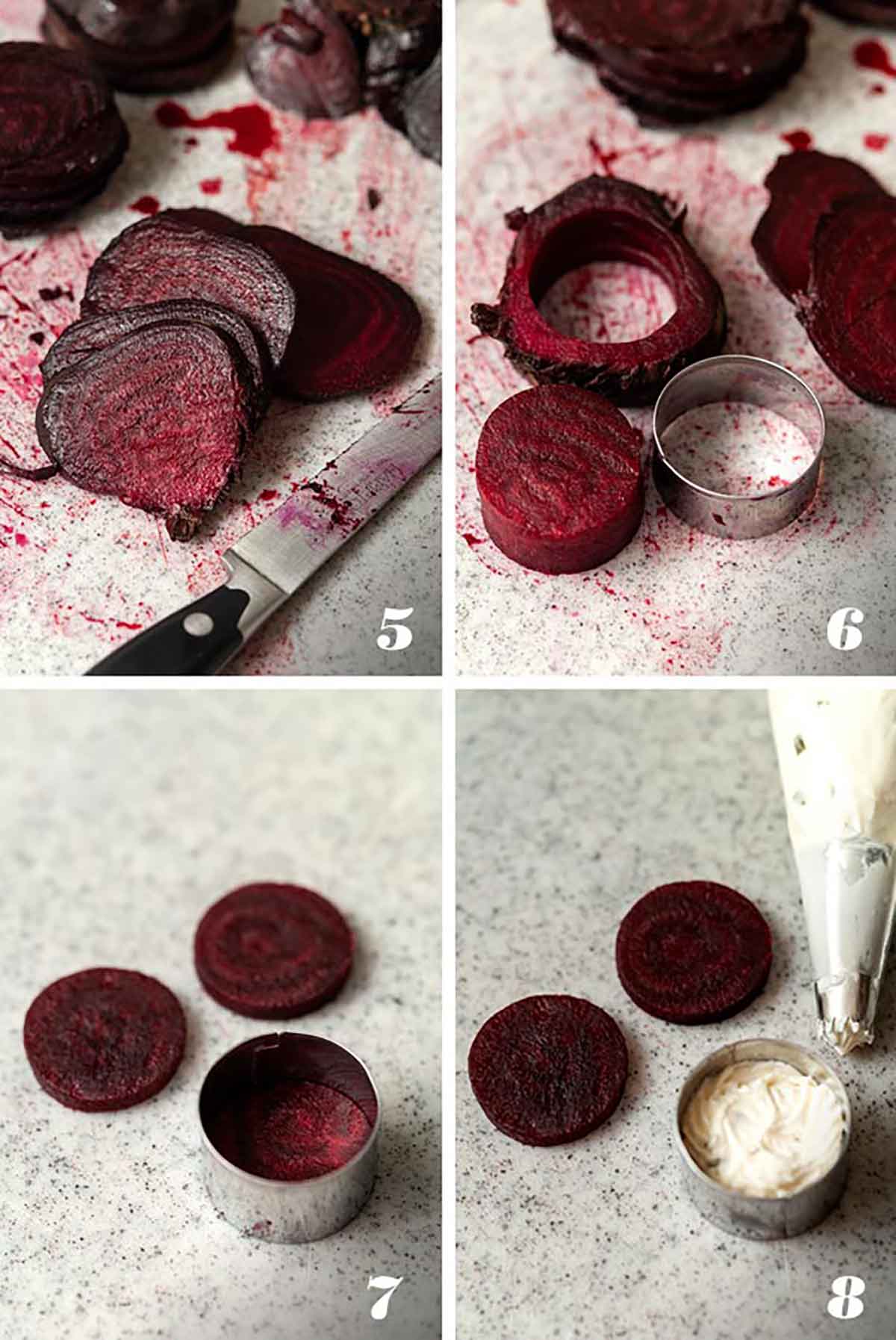 A collage of 4 numbered images showing how to make beet napoleons.