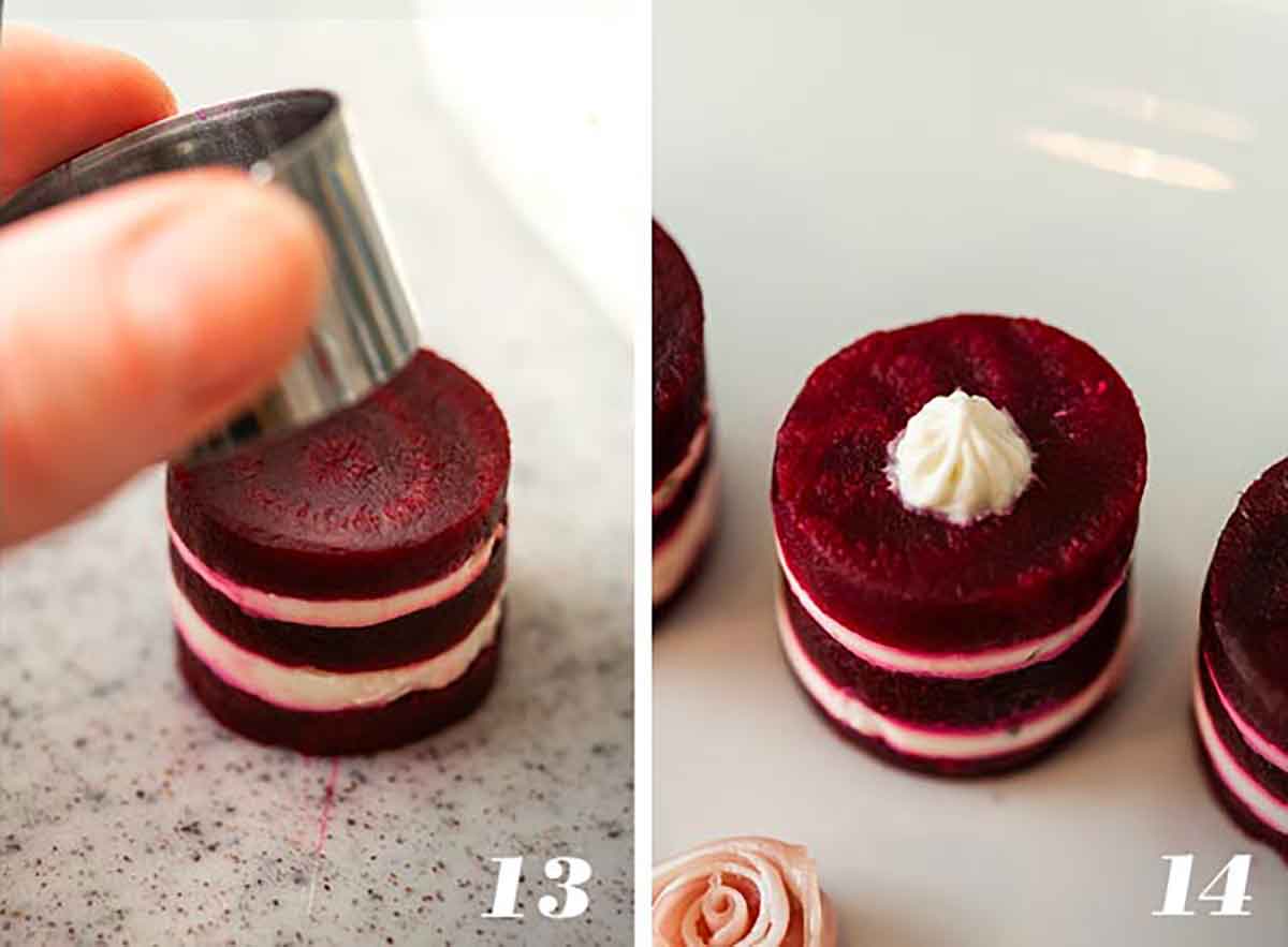 2 numbered images showing how to finish making beet napoleons.