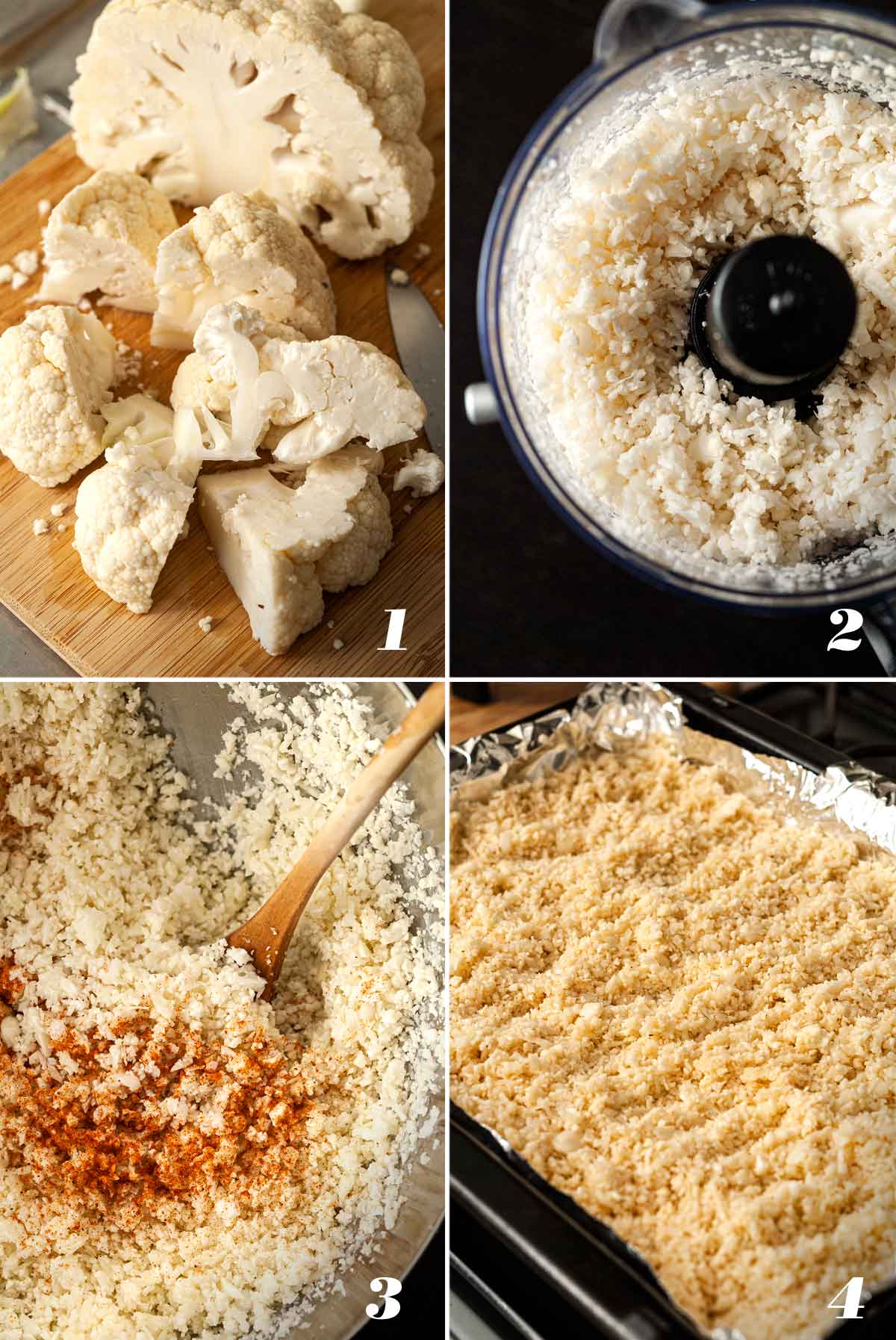 A collage of 4 numbered images showing how to make coconut cauliflower rice.