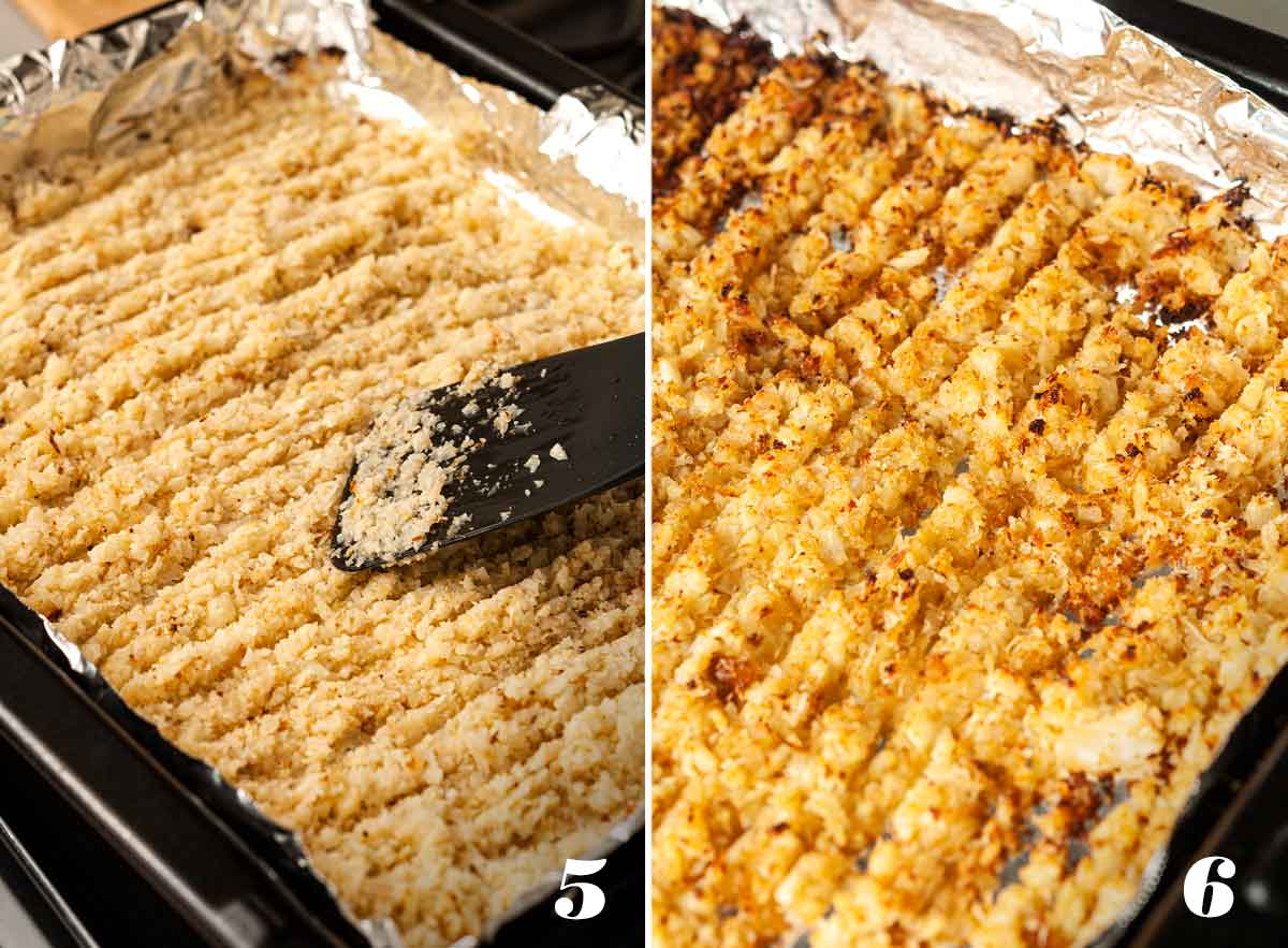 A collage of 2 numbered images showing how to make coconut cauliflower rice.