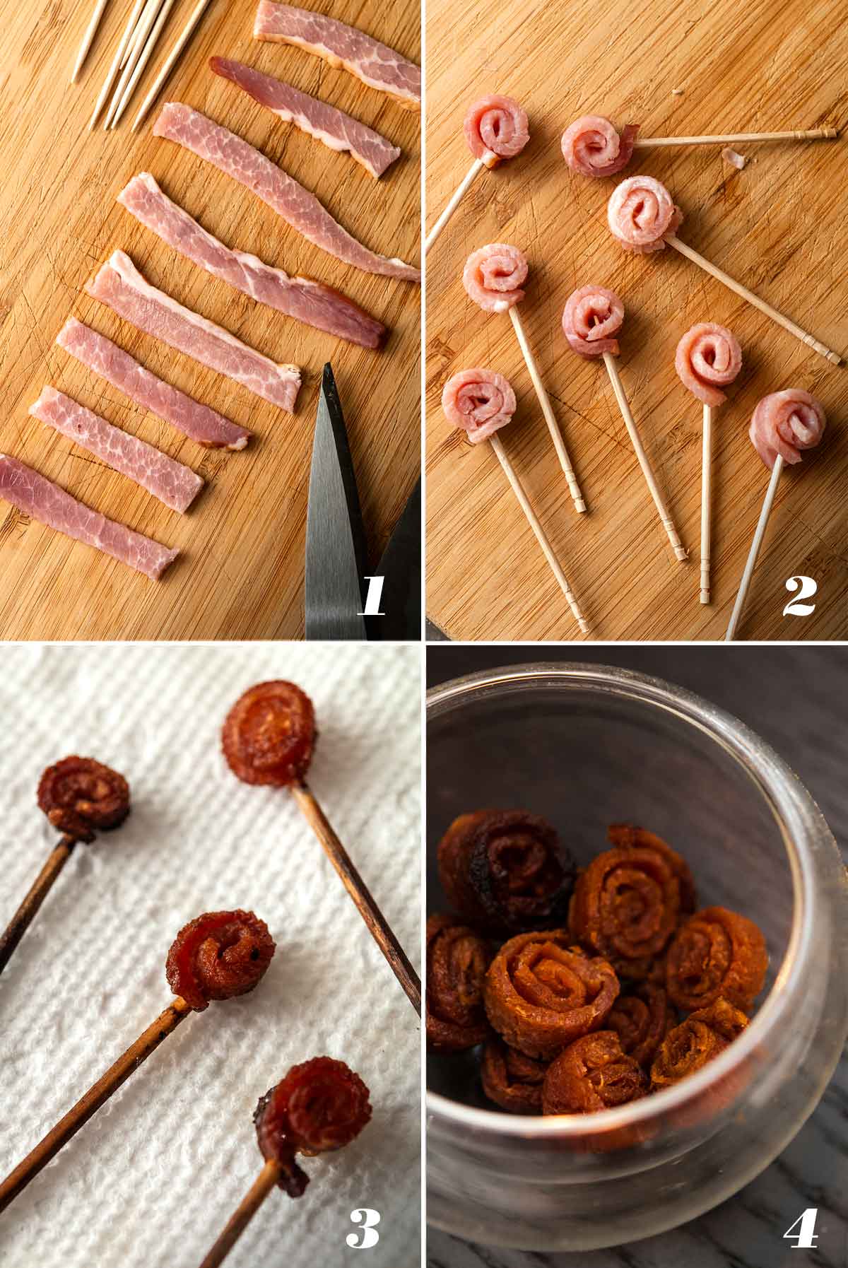 A collage of 4 numbered images showing how to make small bacon roses.