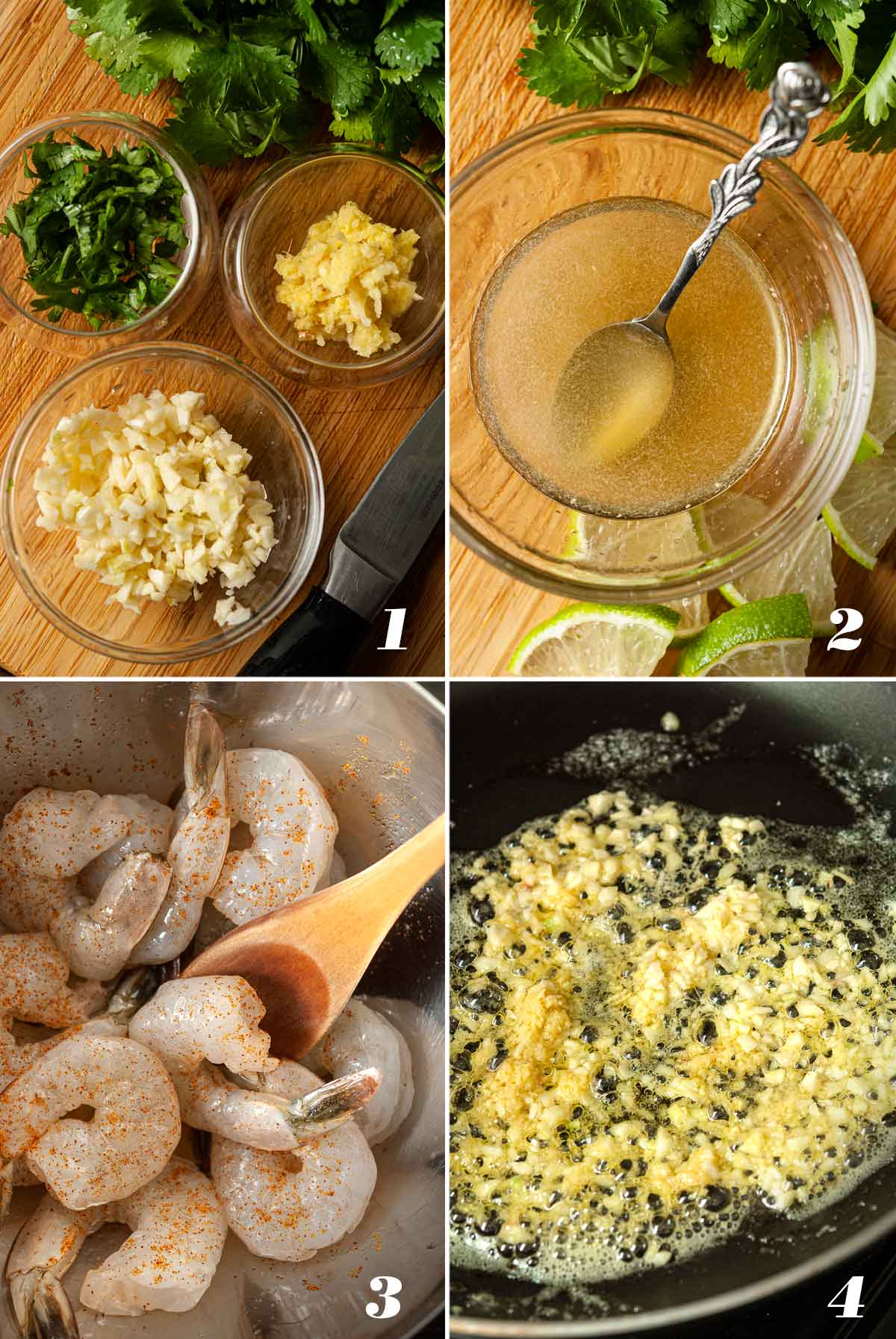 A collage of 4 numbered images showing how to prepare ingredients for honey shrimp.