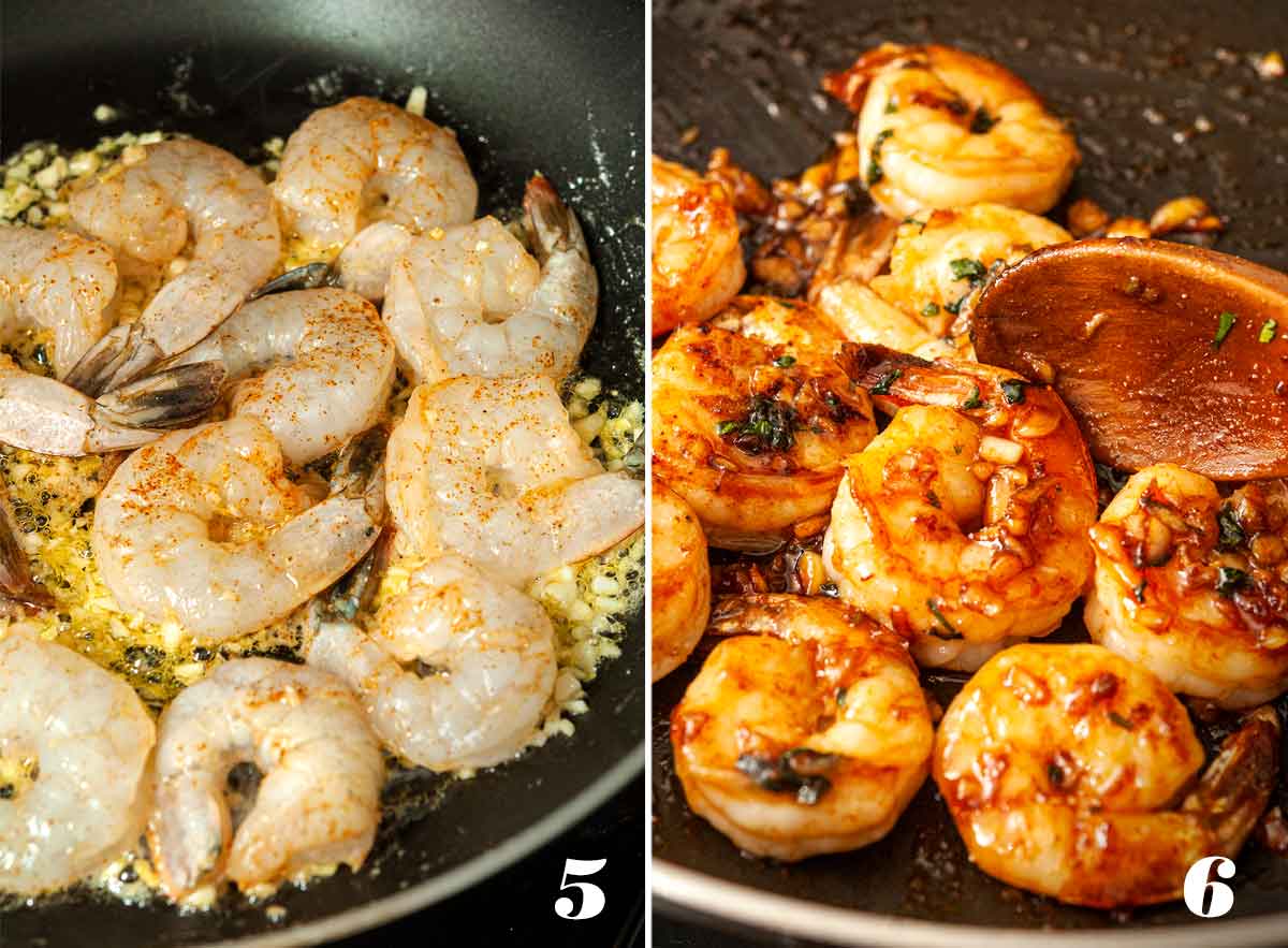 2 numbered images showing how to make ginger lime honey shrimp.