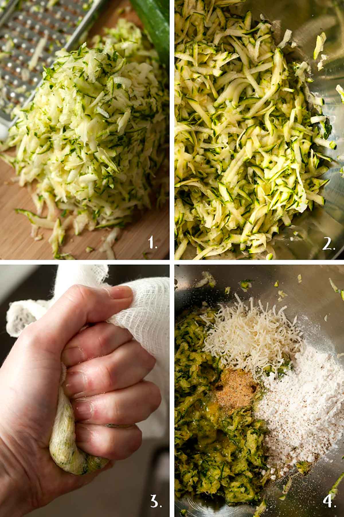 A collage of 4 numbered images showing how to make zucchini quiche crust.