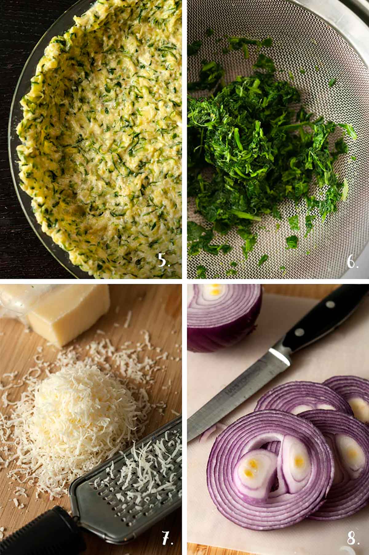 A collage of 4 numbered images showing how to make quiche.