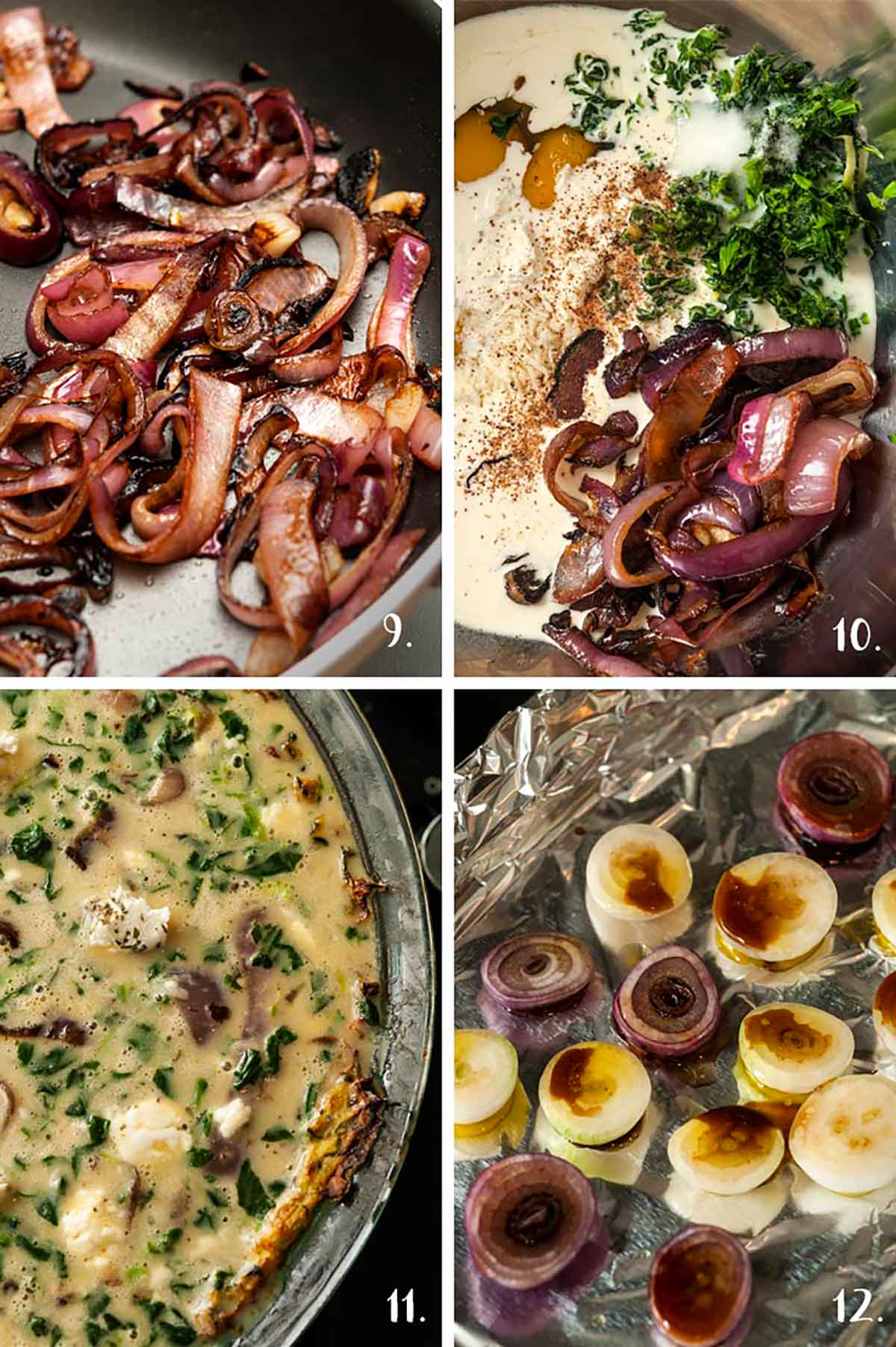 A collage of 4 numbered images showing how to make quiche and caramelize onions.