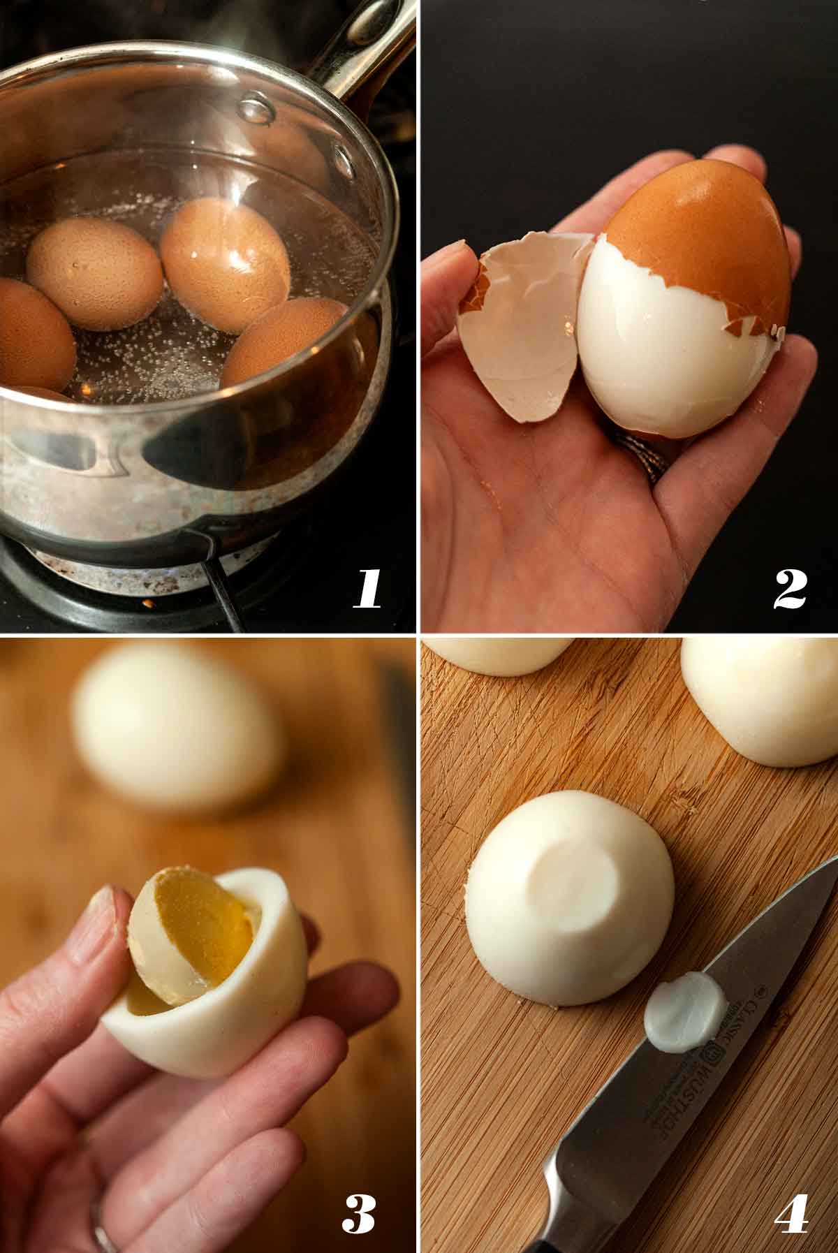 A collage of 4 numbered images showing how to boil, peel and slice deviled eggs.