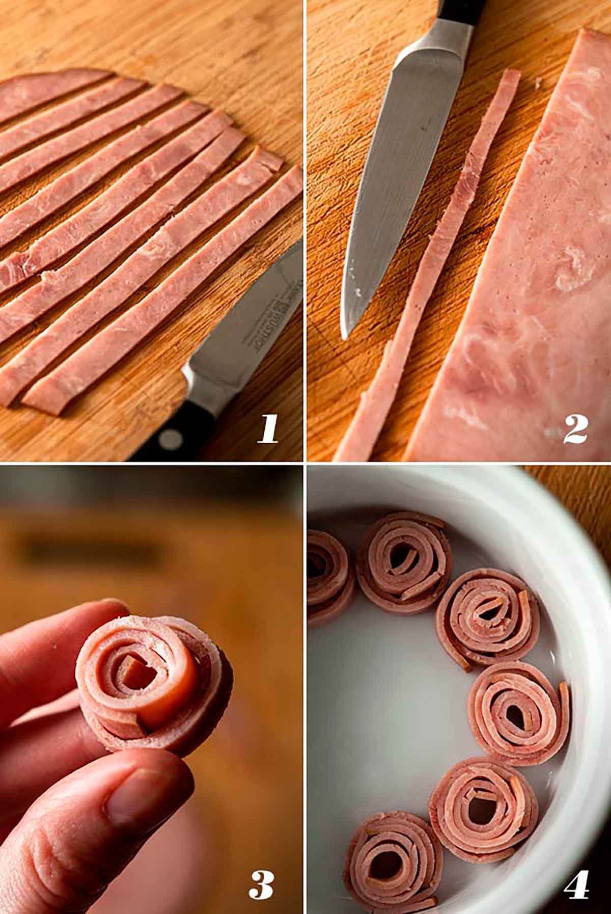 A collage of 4 numbered images showing how to make ham roses.