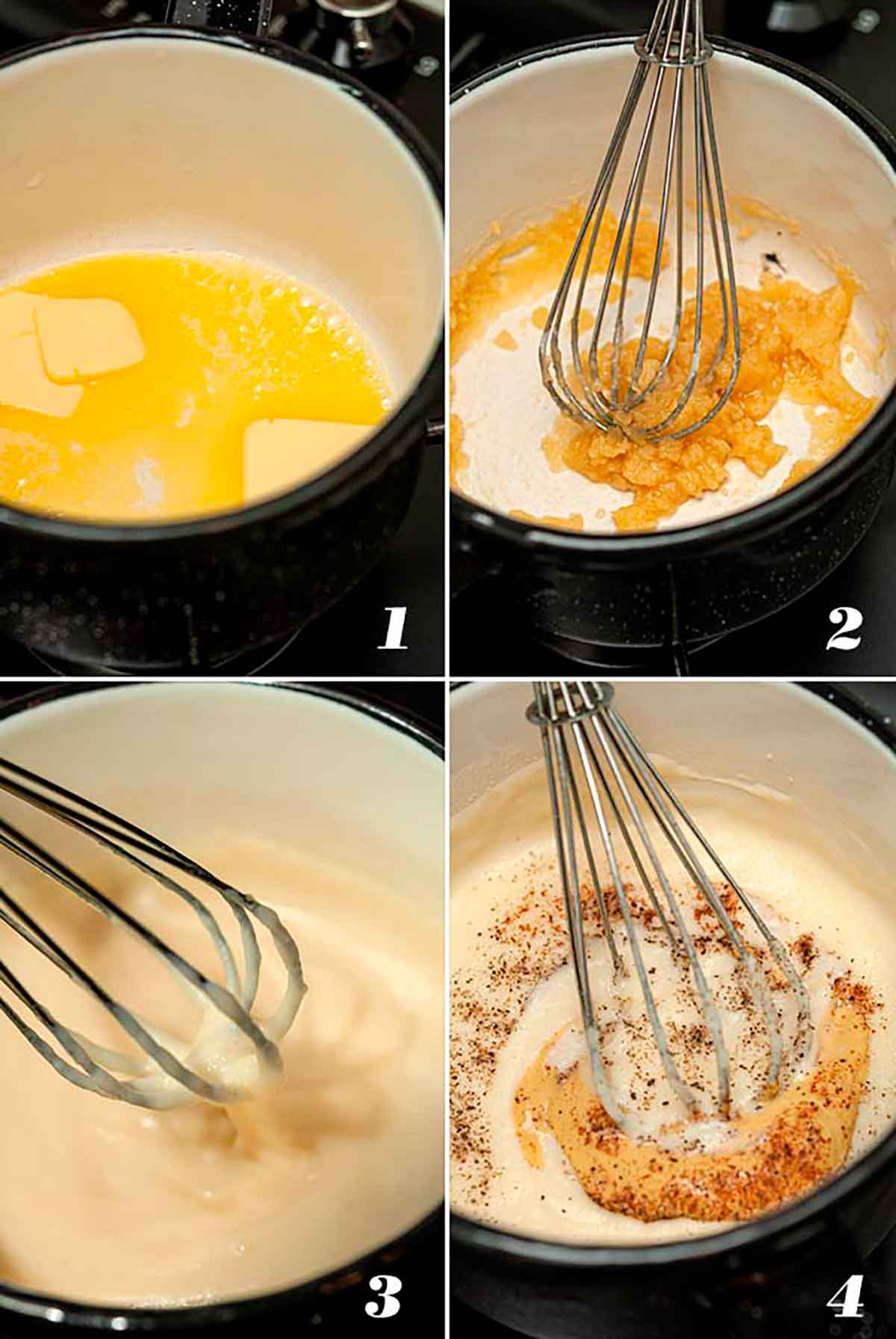 A collage of 4 numbered images showing how to make béchamel sauce.