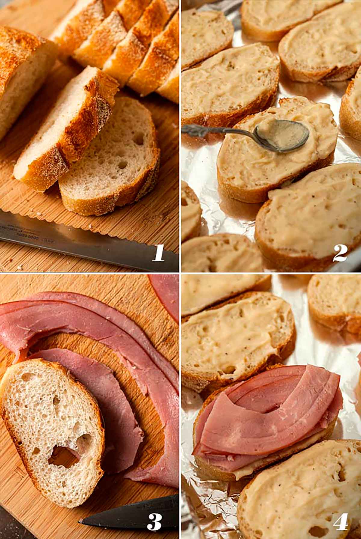 A collage of 4 numbered images showing how to slice bread, smear with sauce, slice ham and place on bread.