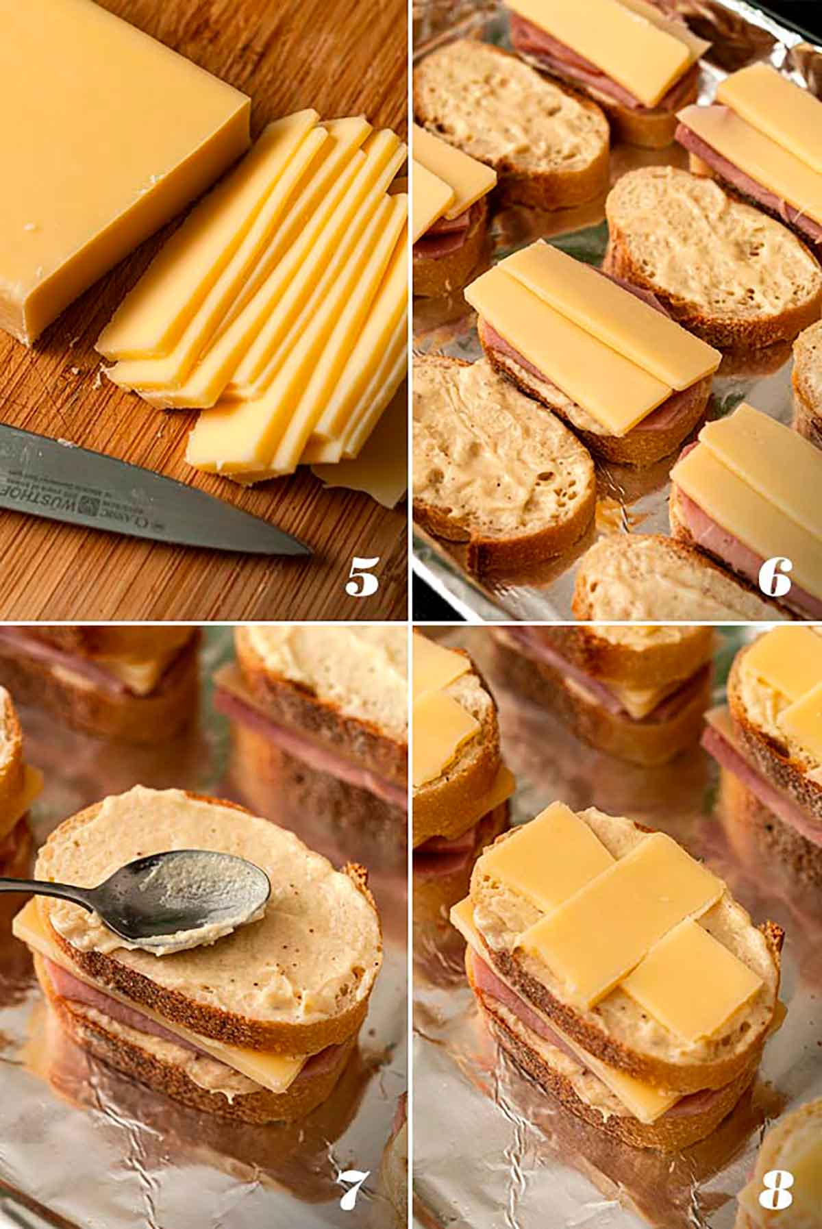 A collage of 4 numbered images showing how to slice cheese, and assemble croque monsieur on a baking sheet.