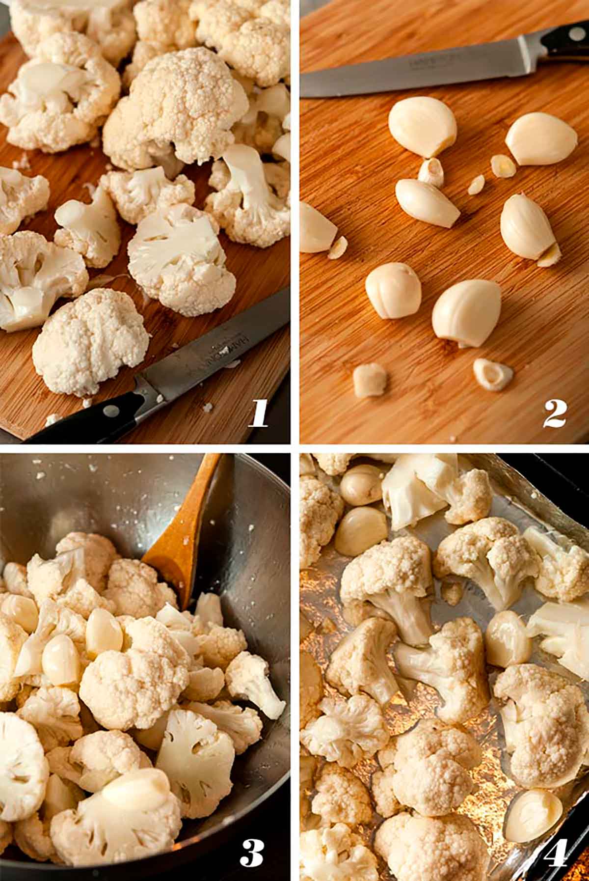 A collage of 4 numbered images showing how to roast cauliflower and garlic.