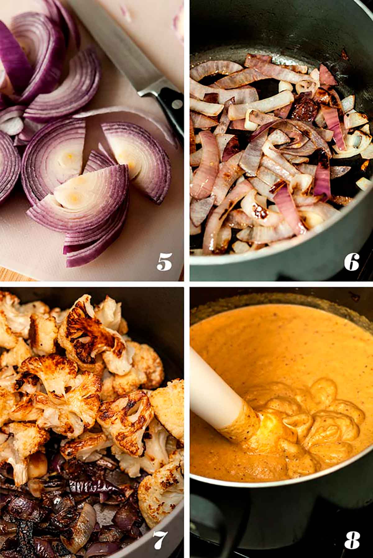 A collage of 4 numbered images showing how to brown onions and combine ingredients into soup.