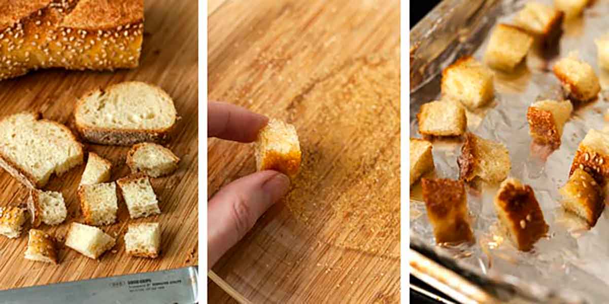 A collage of 3 images showing how to make croutons.