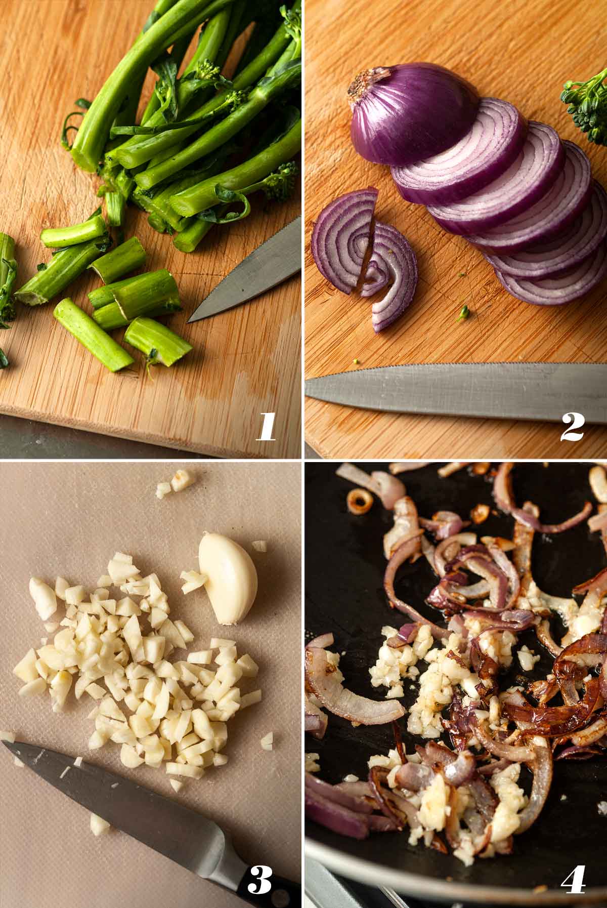 A collage of 4 numbered images showing how to prepare ingredients for sautéed broccoli rabe.