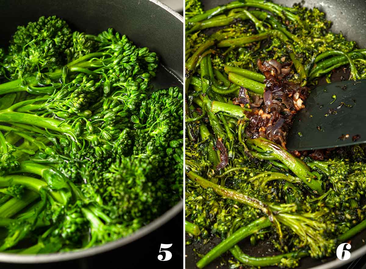 2 numbered images showing how to make sautéed broccoli rabe.