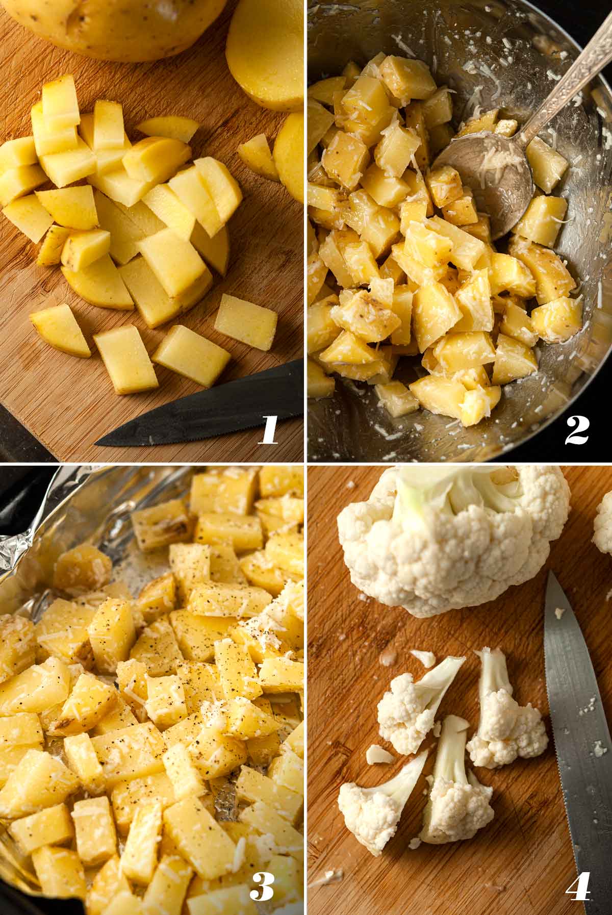 A collage of 4 numbered images showing how to prepare potato for Cauliflower and Kale Potato Hash.