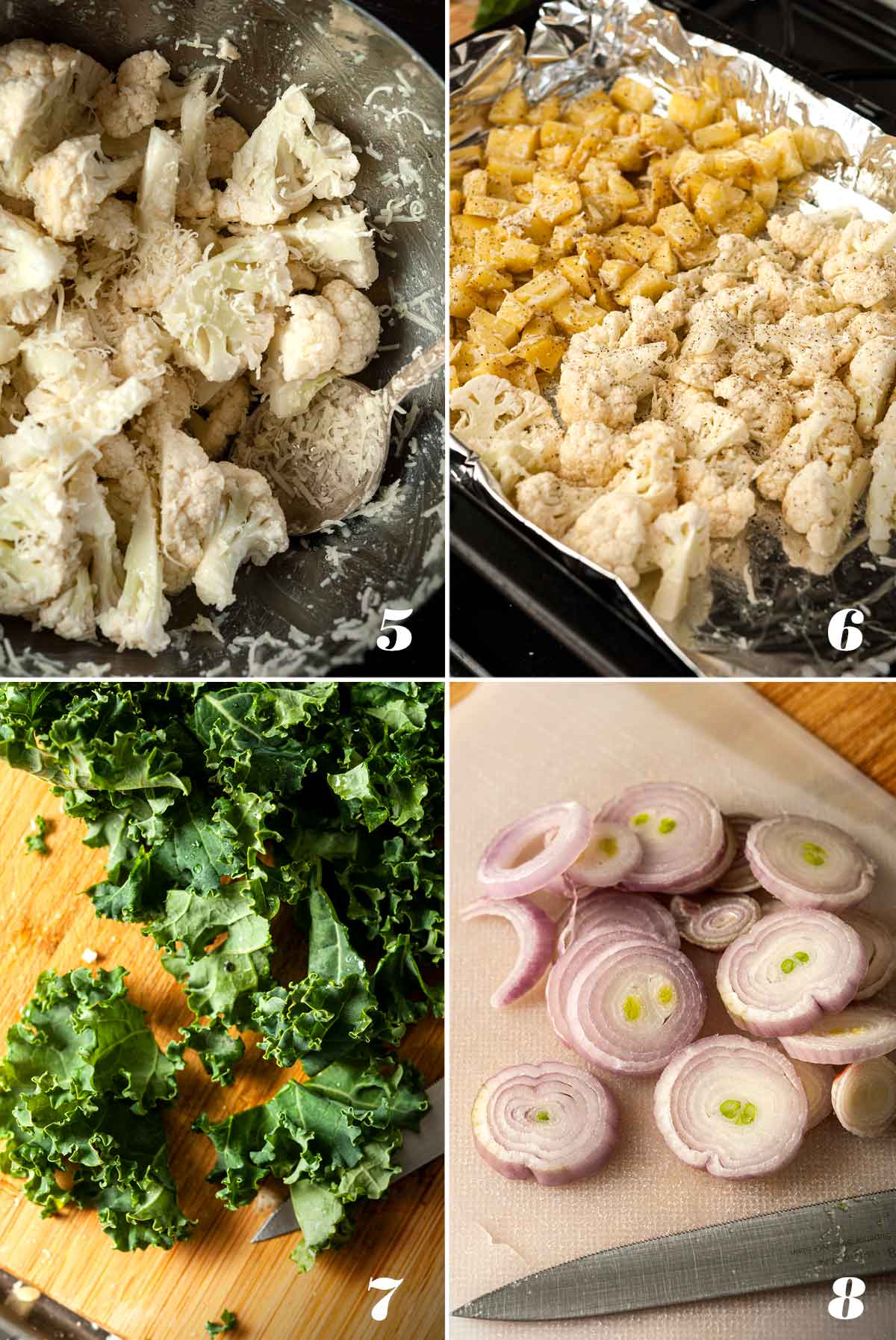 A collage of 4 numbered images showing how to prepare ingredients for Cauliflower and Kale Potato Hash.