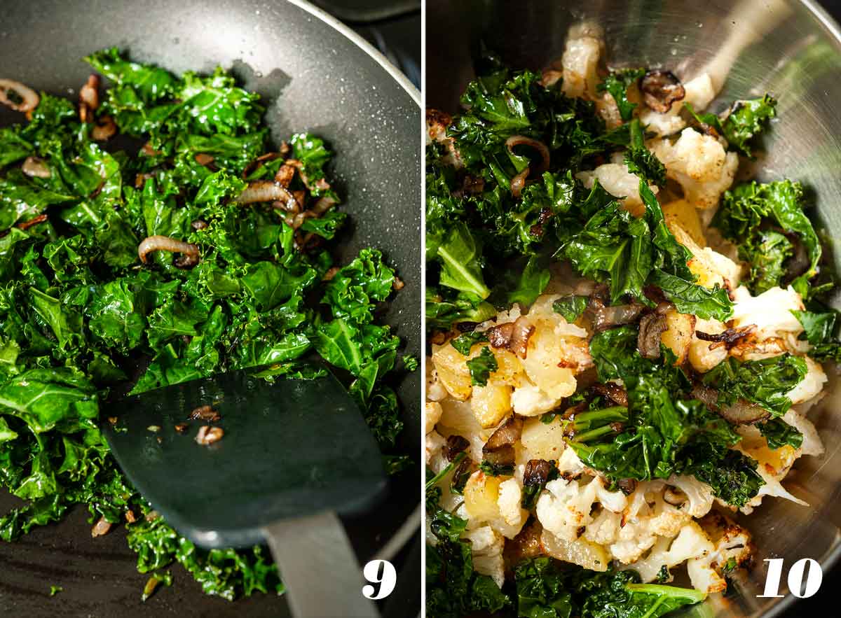 2 numbered images showing how to sauté shallots and kale, and mix into potatoes and cauliflower.