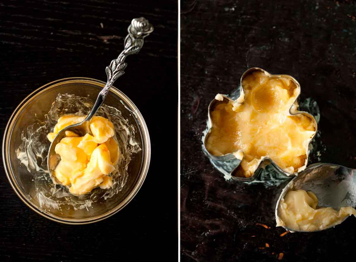 2 images: one, of a small bowl with soft butter and small mixing spoon, the other is butter in a shamrock cookie cutter.