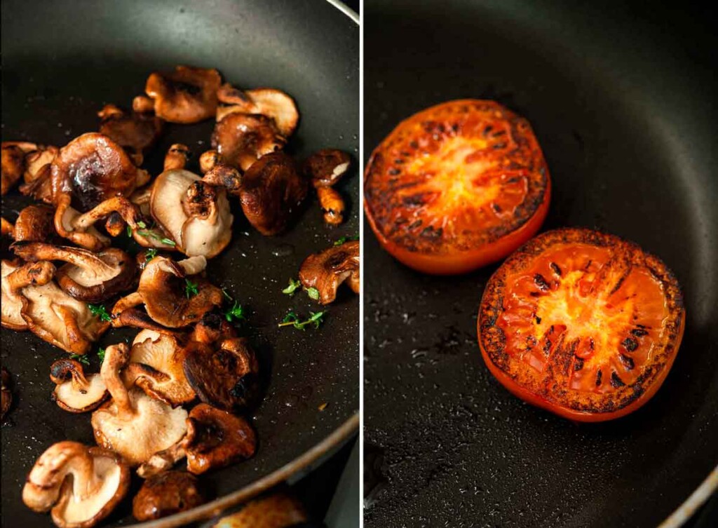 2 images: one of sautéing mushrooms in a pan and the other, of 2 seared tomatoes in a pan.