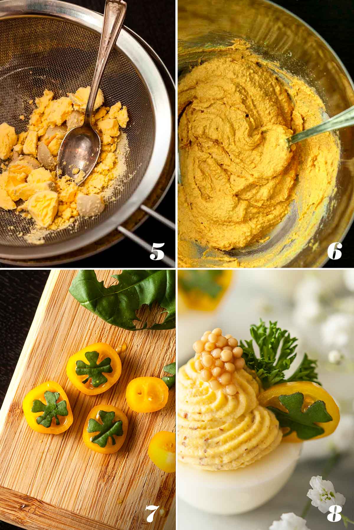 4 numbered images showing how to make St. Patrick's Day Deviled Eggs.