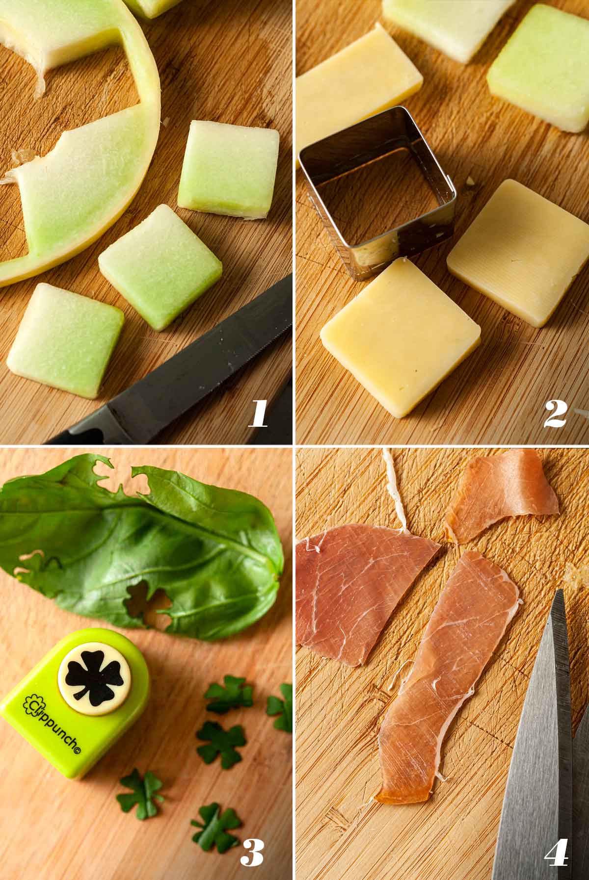 4 numbered images showing how to make melon appetizers.