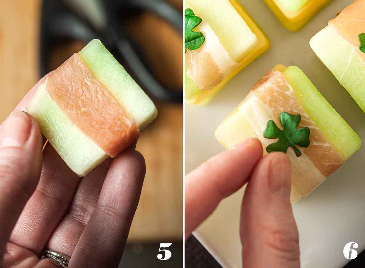 2 numbered images showing how to garnish melon appetizers.