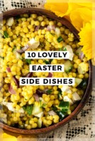 A bowl of pearl couscous surrounded by flowers, with a title that says "10 Lovely Easter Side Dishes."