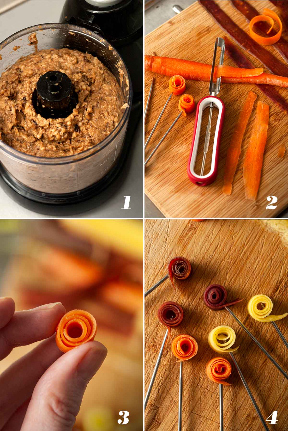 A collage of 4 images showing how to make mushroom pâté and carrot roses.