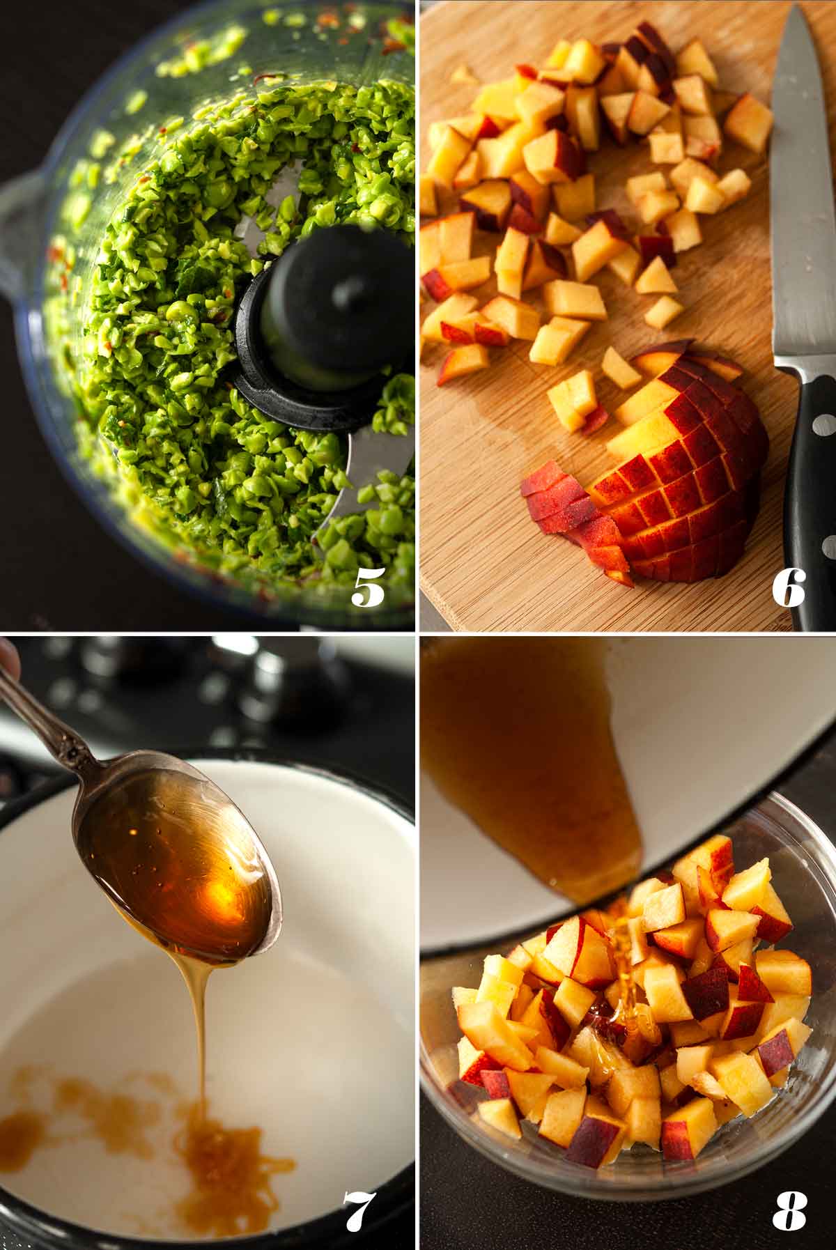 A collage of 4 images showing how to create toppings for crostini.