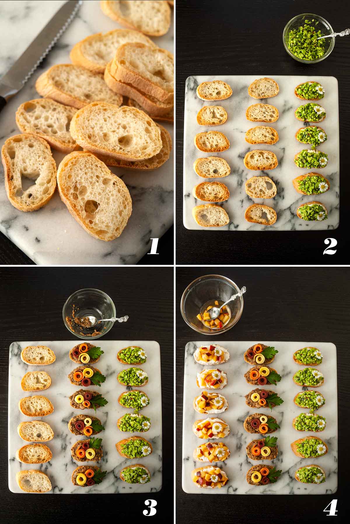 A collage of 4 images showing how to add toppings to crostini.