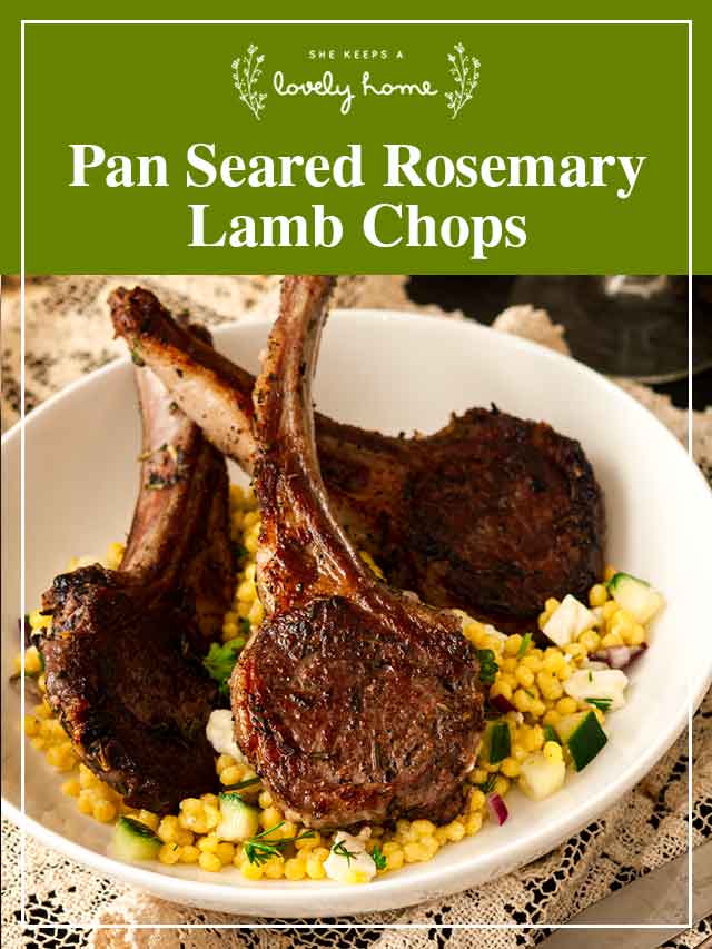 Lamb chops in a bowl with couscous with a title that says "Pan Seared Rosemary Lamb Chops."