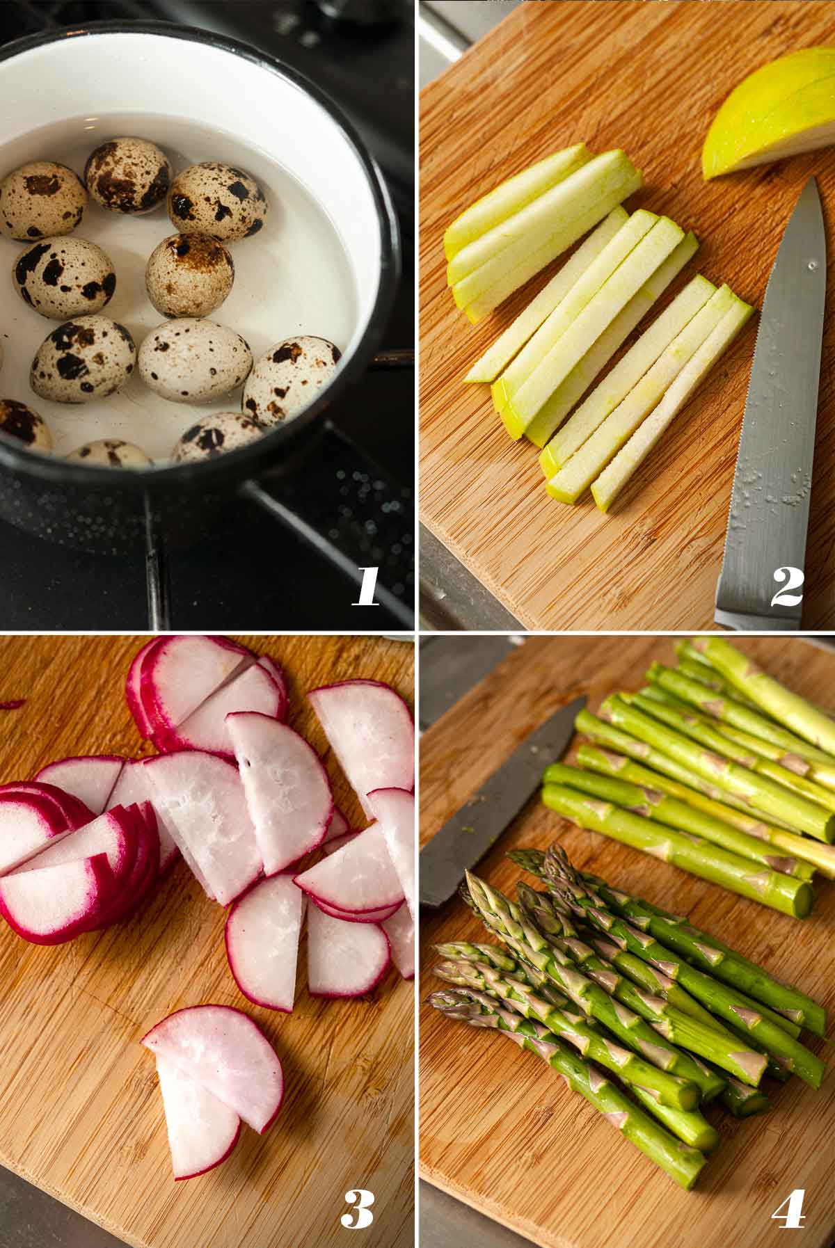 A collage of 4 images showing how to prep ingredients for a salad.