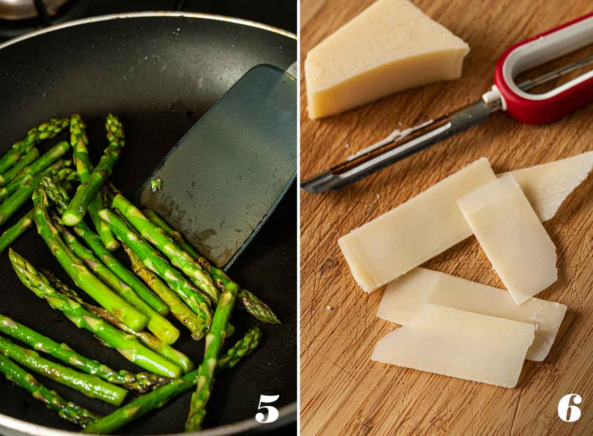 2 numbered images showing how to sauté asparagus and shave parmesan.