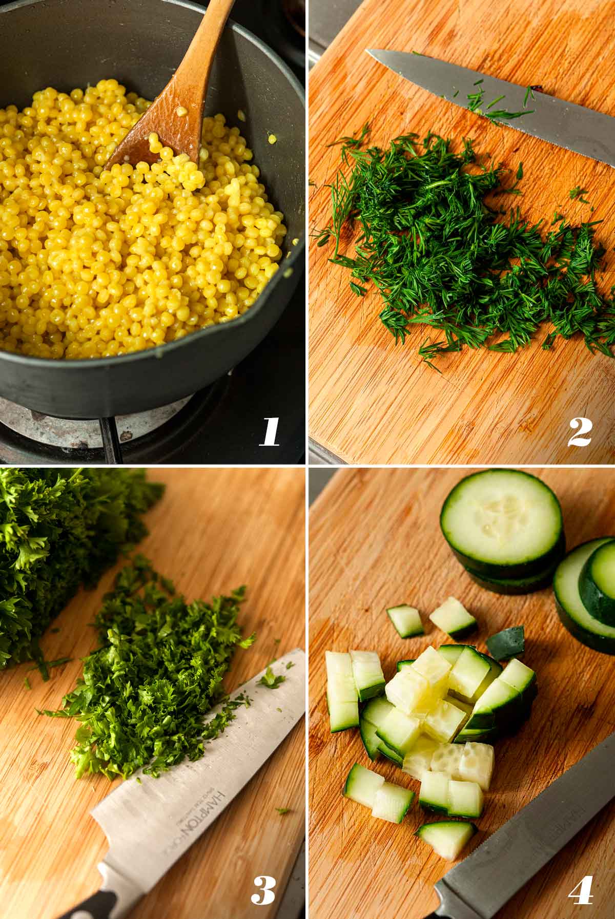 A collage of 4 images showing how to make lemon turmeric pearl couscous.