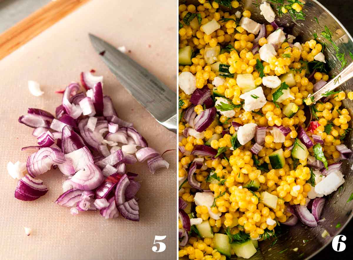 2 numbered images showing how to mix ingredients for lemon turmeric pearl couscous.