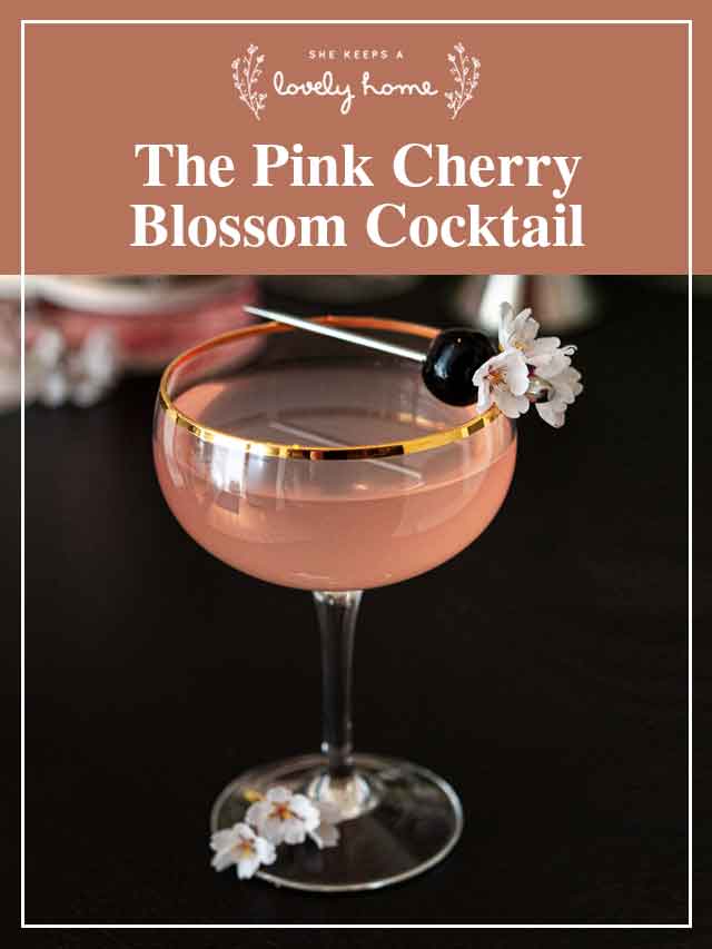 A pink cocktail with a title that says "The Pink Cherry Blossom Cocktail."