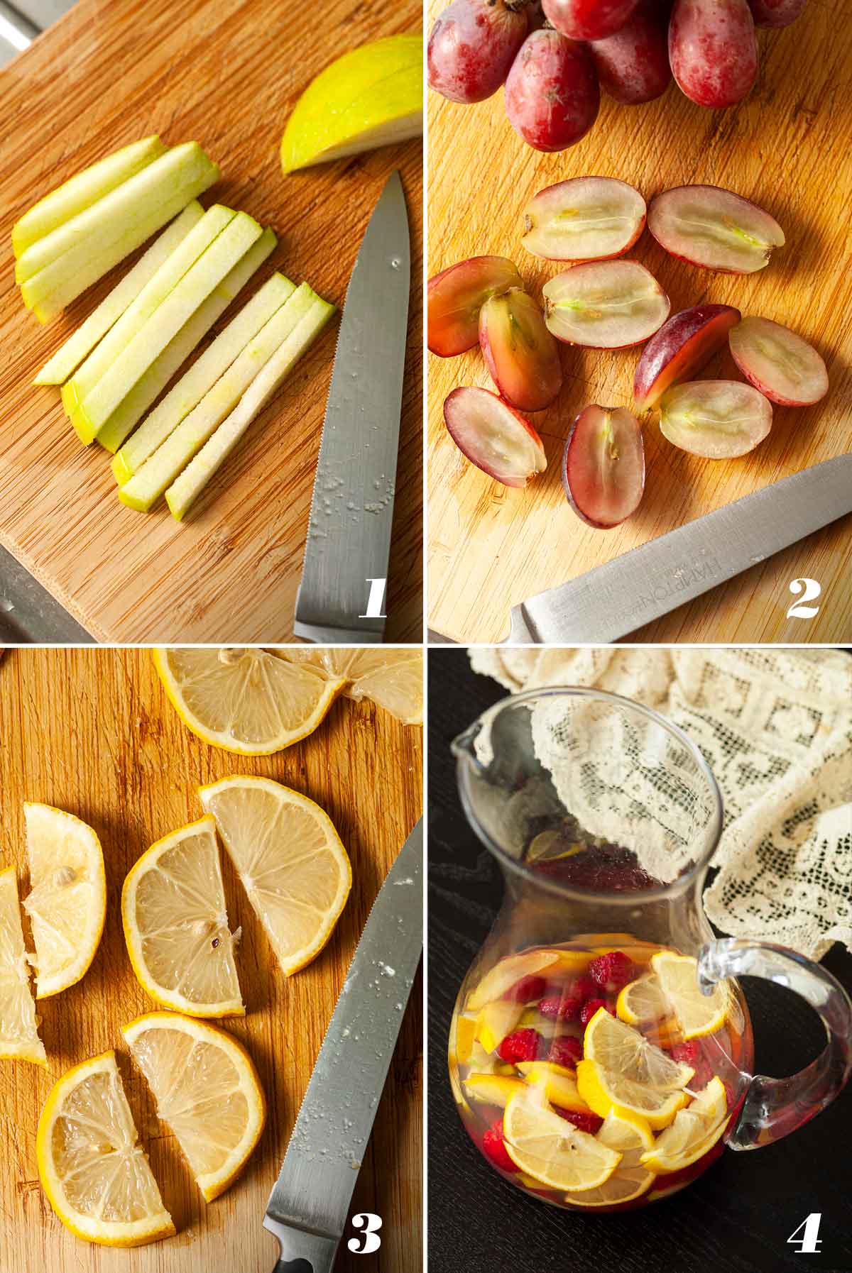 A collage of 4 images showing how to make sake sangria.