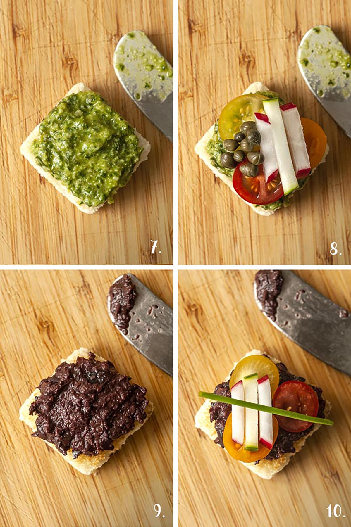 A collage of 4 numbered images showing how to make canapés with small, chopped vegetables.