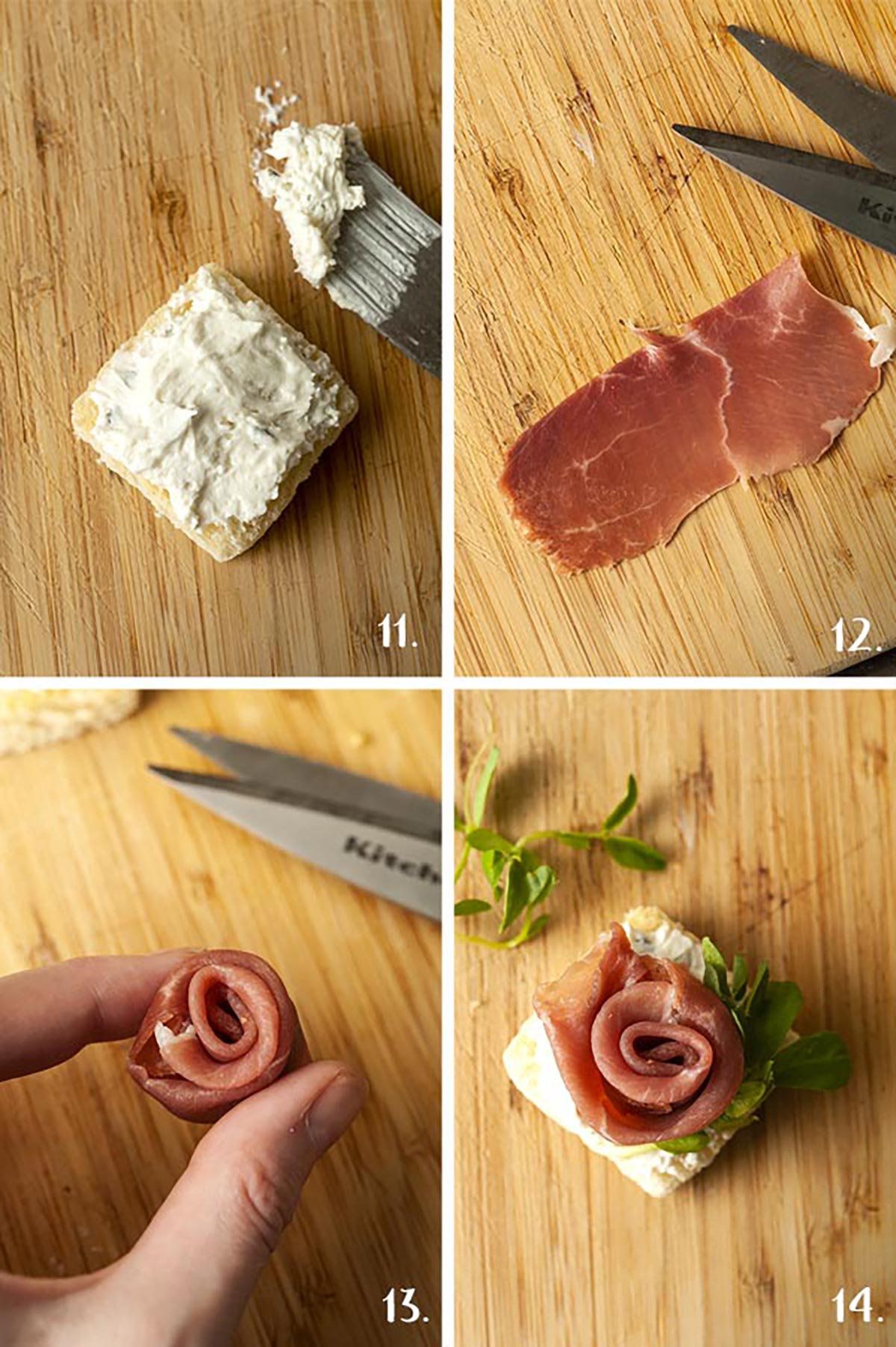 A collage of 4 numbered images showing how to make a prosciutto rose canapé.