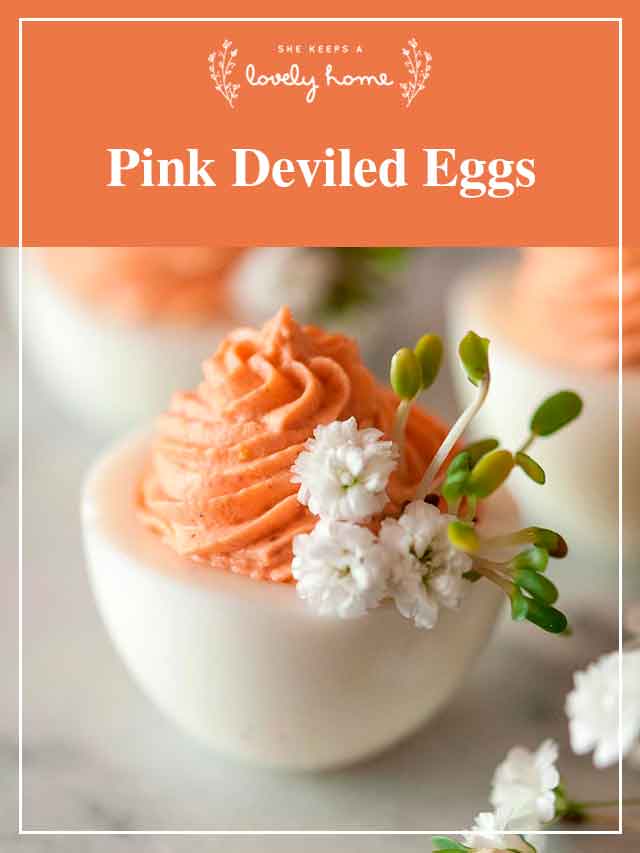 A pink deviled egg with a title that says "Pink Deviled Eggs."