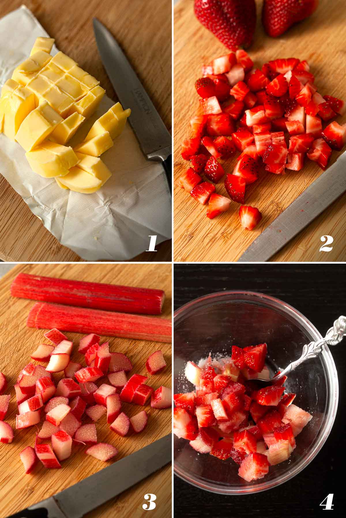 A collage of 4 images showing how to prepare butter and fruit for scones.