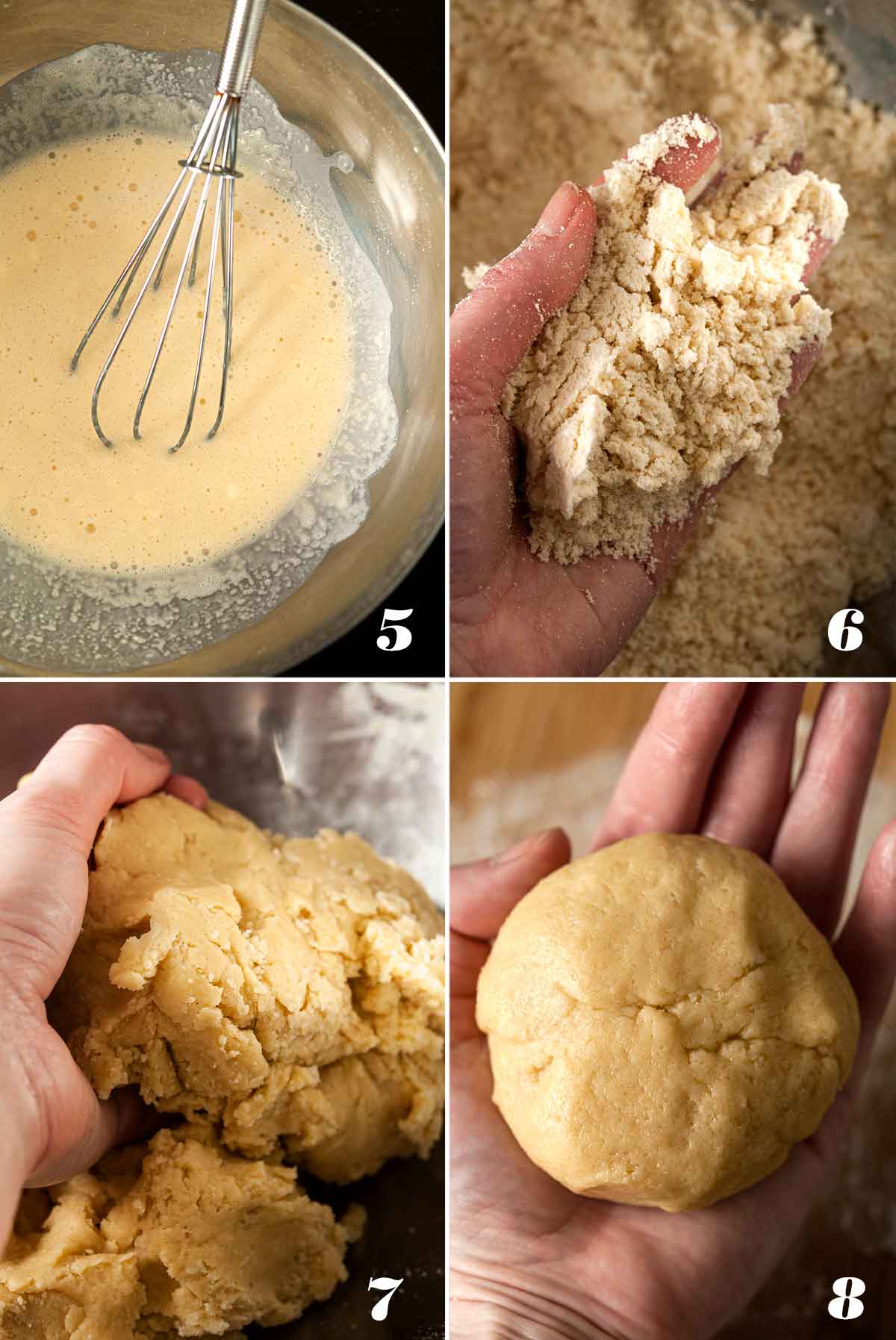 A collage of 4 images showing how to mix dough and roll into balls.