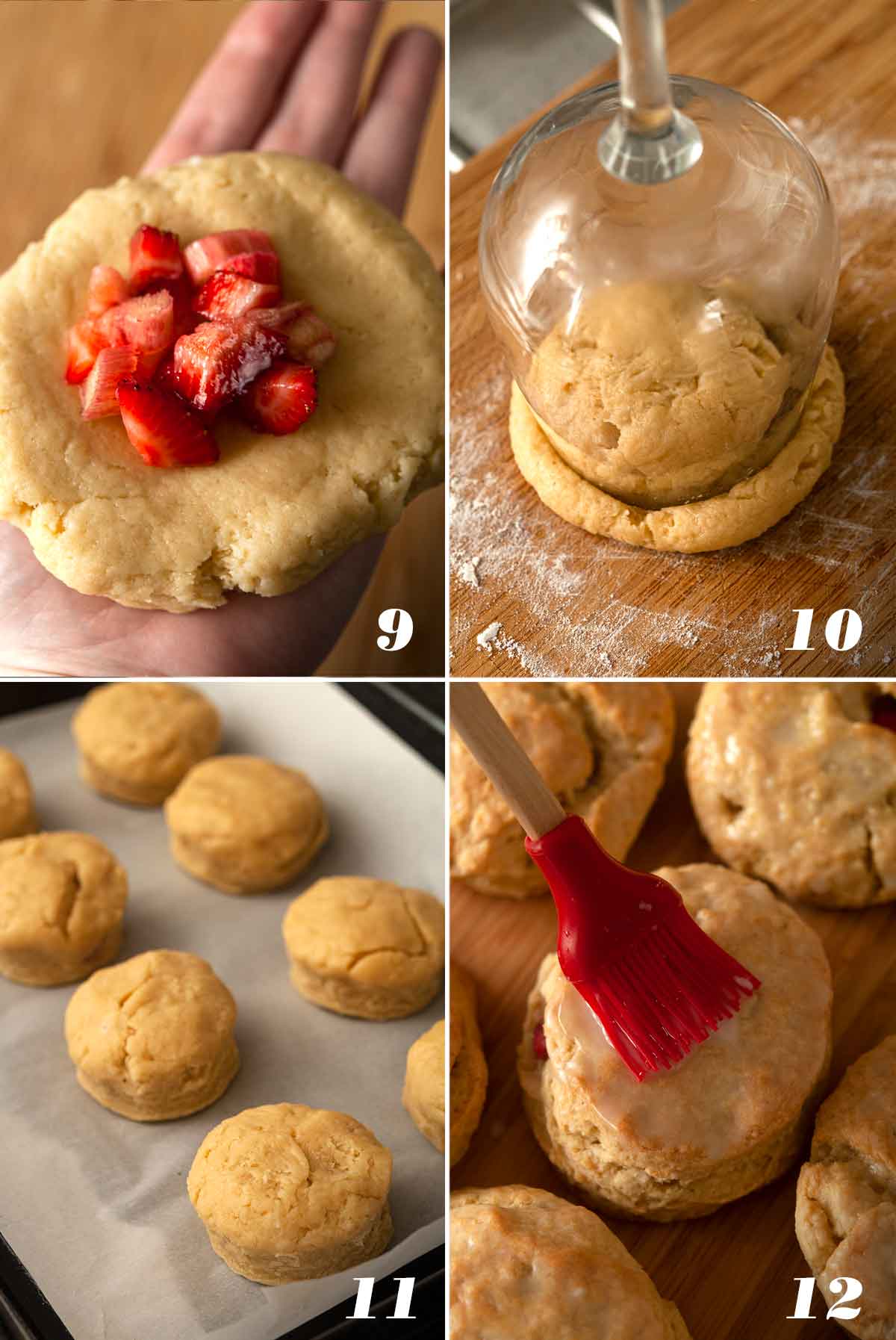 A collage of 4 images showing how to stuff and glaze scones.